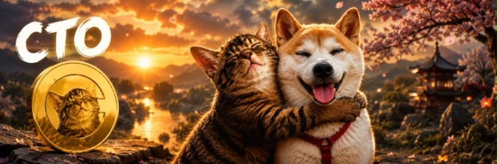 CTO banner — the Catecoin cat and its shiba friend beside the golden $CATE coin at sunset